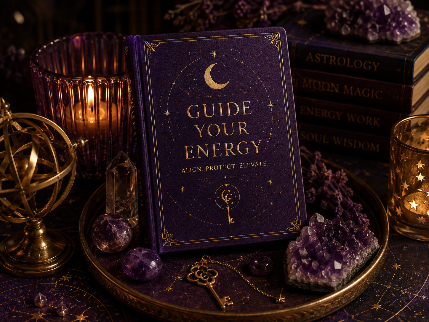 'Guide Your Energy: Align. Protect. Elevate.' book beside amethyst crystals