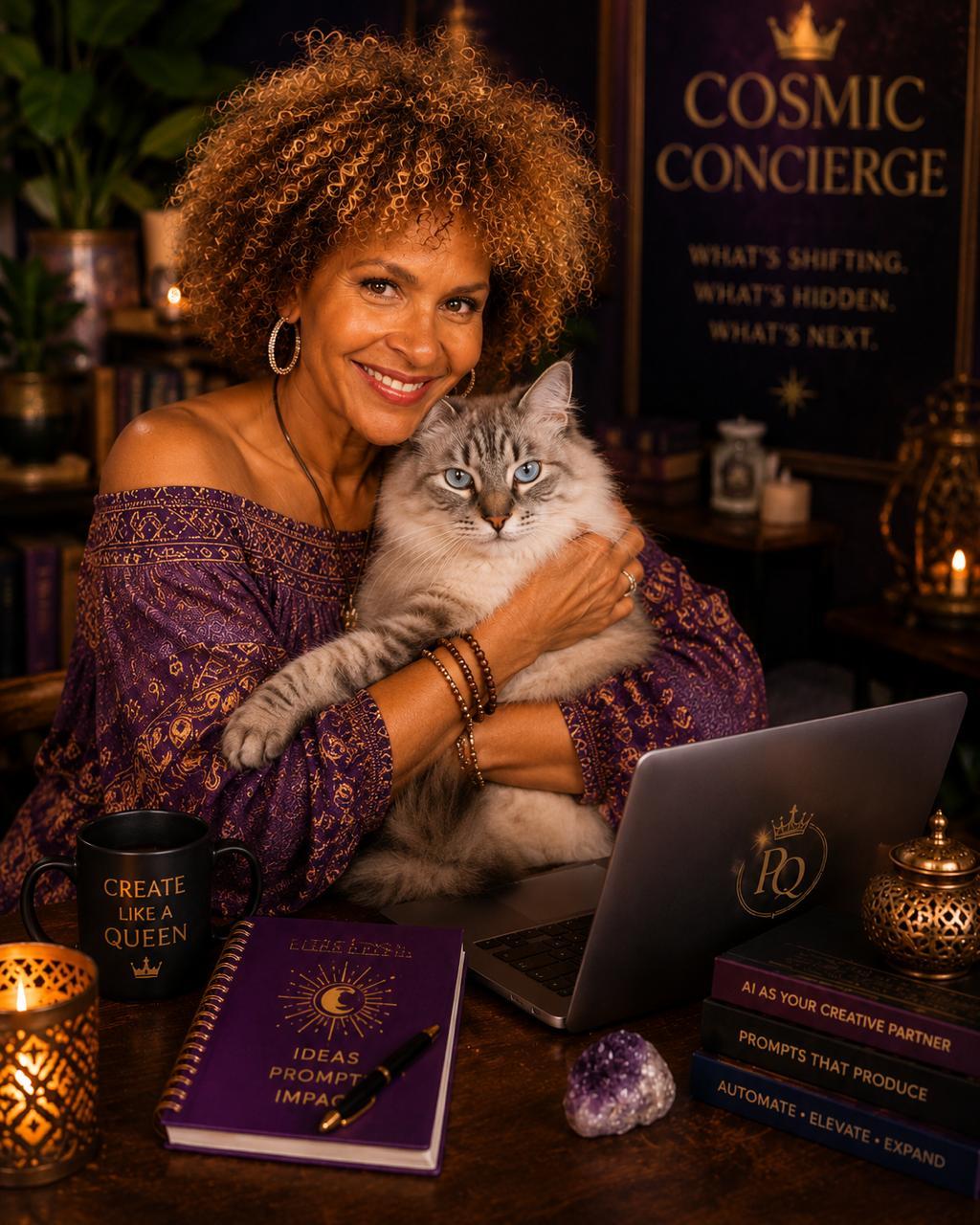Tonya seated with her kitty cat companion against a starry purple curtain backdrop