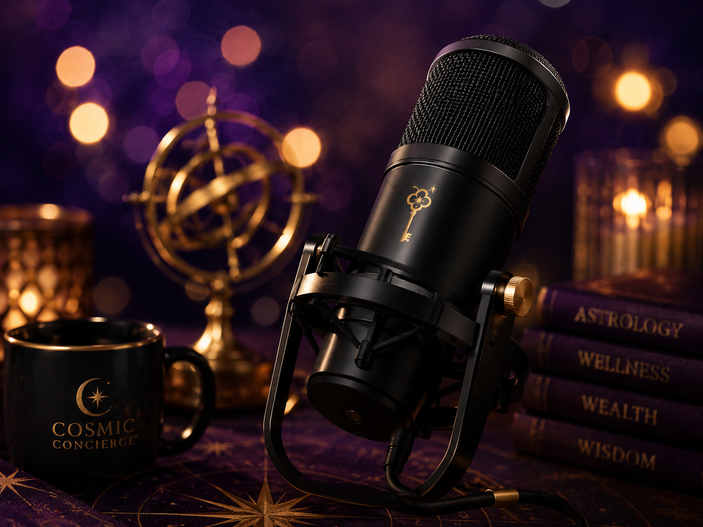 Studio microphone with the Cosmic Concierge key emblem