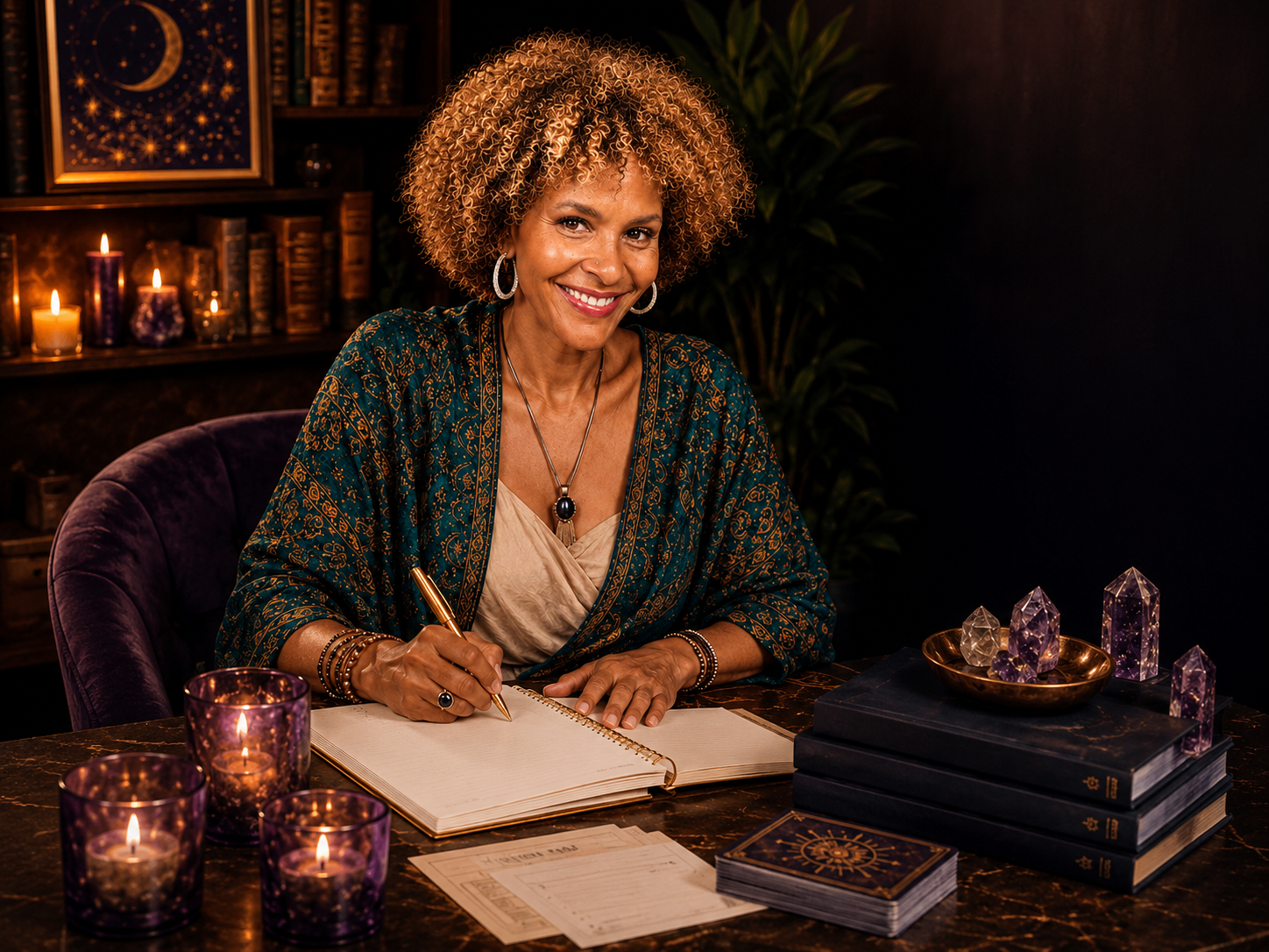 Tonya smiling and writing in her journal at a candlelit desk with a tarot deck and crystals